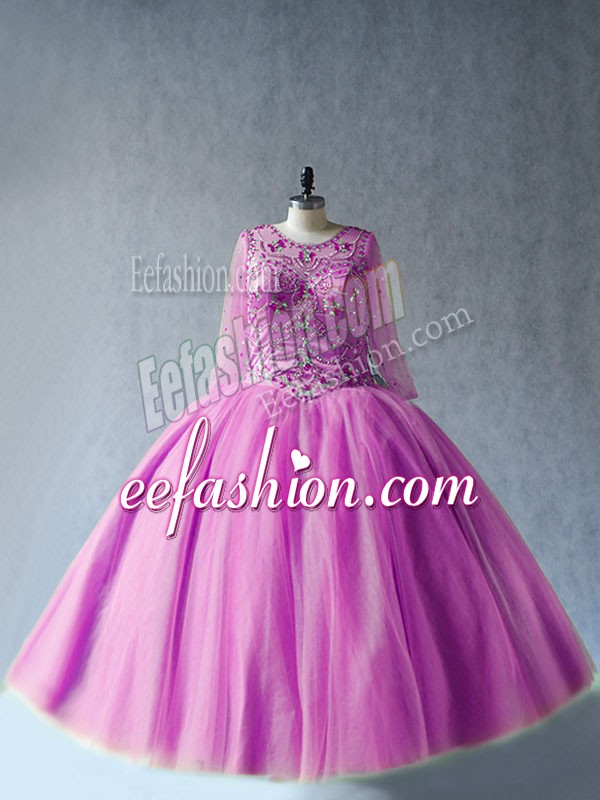 Delicate Ball Gowns Quinceanera Gown Lilac Scoop Tulle Long Sleeves Floor Length Lace Up