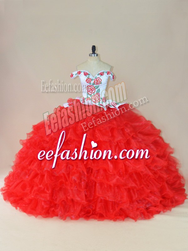 Romantic White And Red Organza Lace Up Off The Shoulder Sleeveless Sweet 16 Dress Brush Train Embroidery and Ruffles