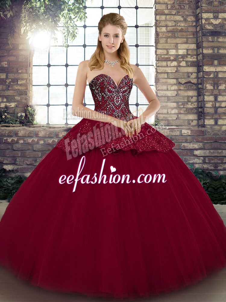 Cheap Burgundy Sleeveless Tulle Lace Up Quince Ball Gowns for Military Ball and Sweet 16 and Quinceanera