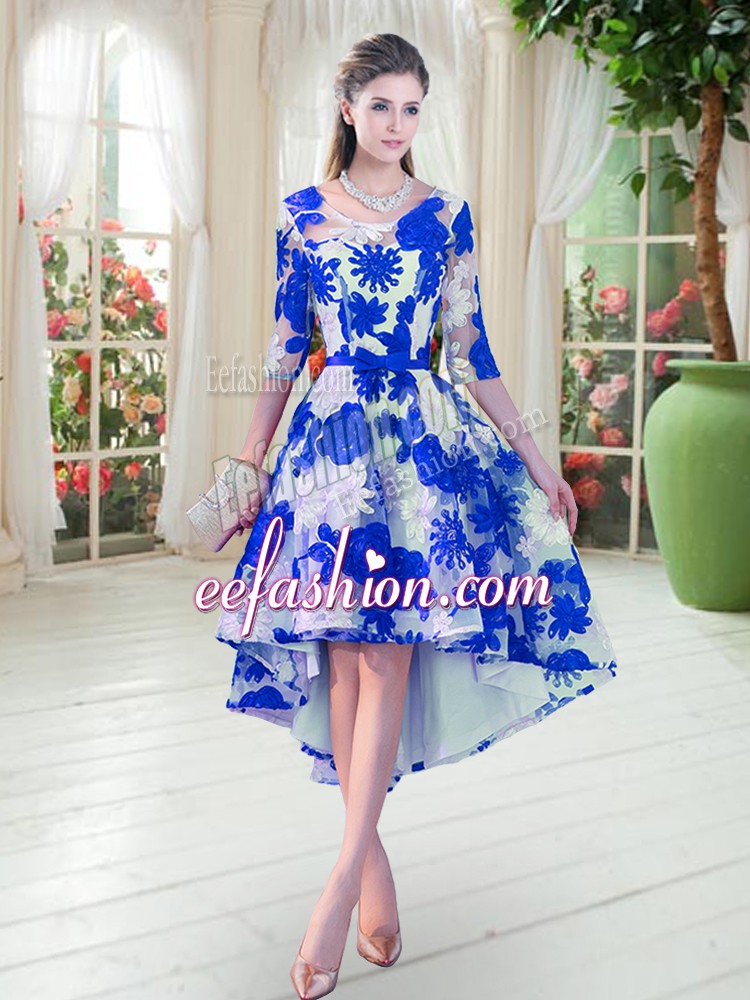 Blue And White A-line Scoop Half Sleeves Lace High Low Lace Up Belt Prom Party Dress