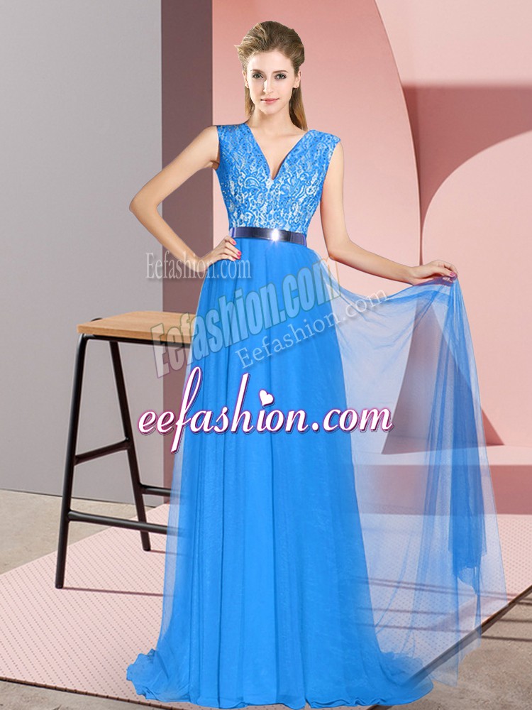 Fantastic Blue Dress for Prom Tulle Sweep Train Sleeveless Beading and Lace
