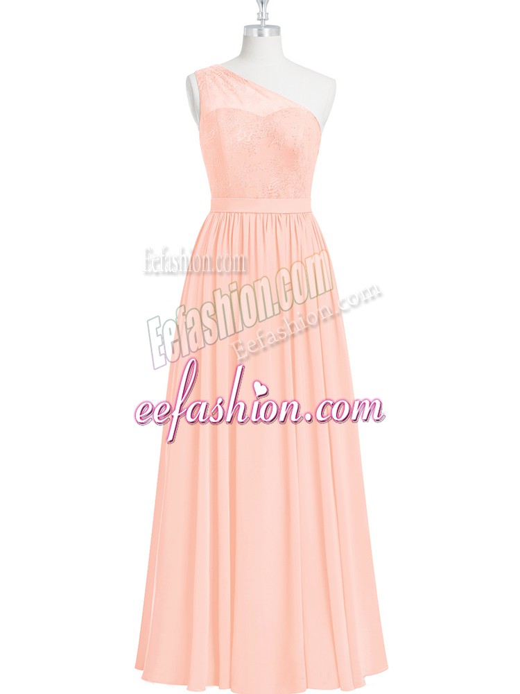  Pink A-line One Shoulder Sleeveless Chiffon Floor Length Lace Prom Gown