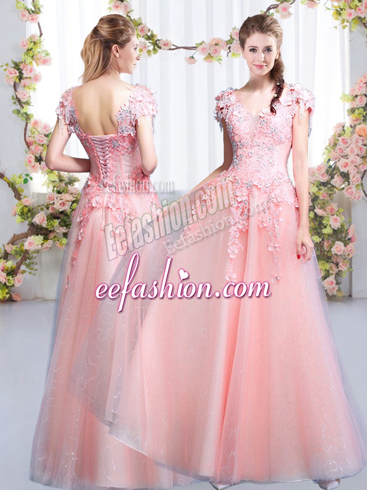Flirting Pink V-neck Lace Up Beading and Appliques Bridesmaid Gown Cap Sleeves