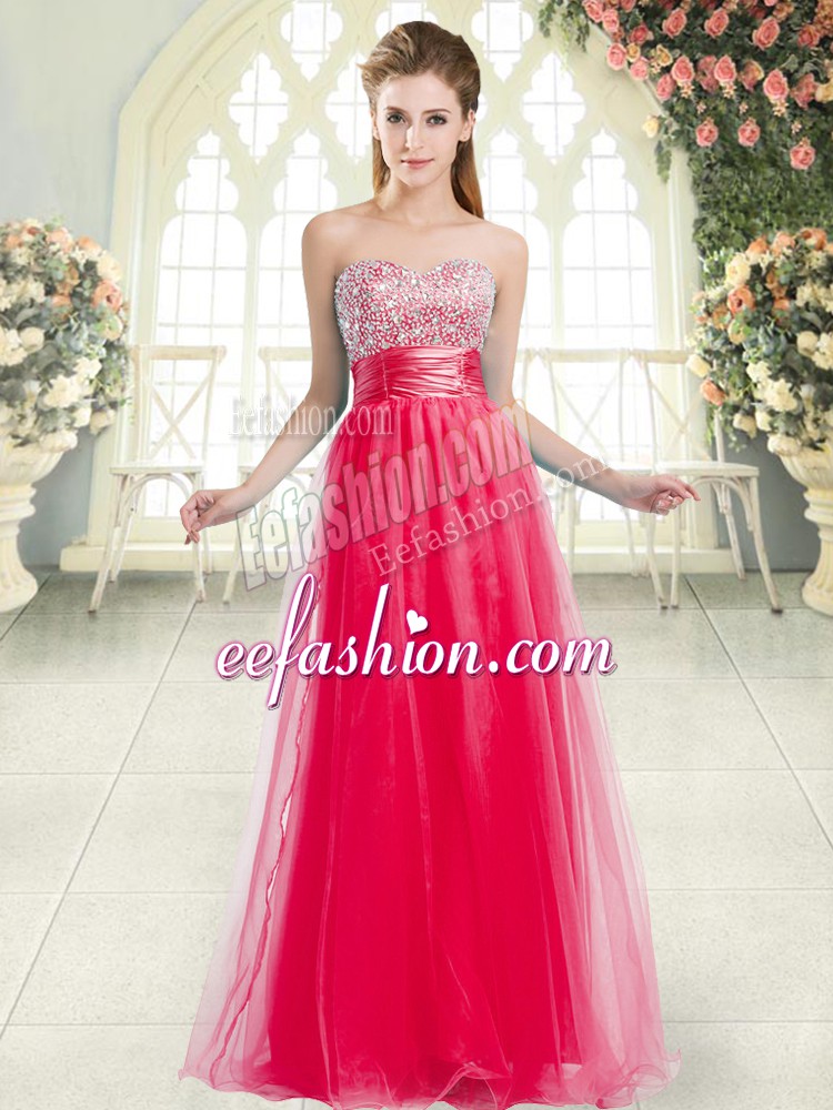  Beading Prom Dress Coral Red Lace Up Sleeveless Floor Length