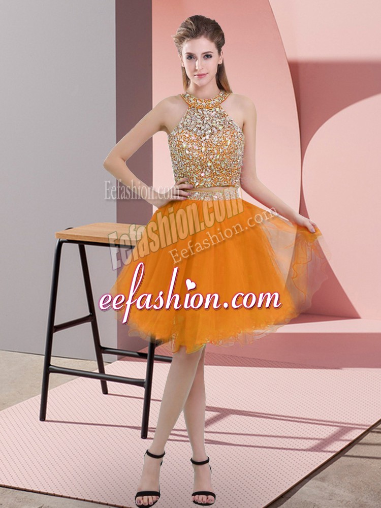 Comfortable Knee Length Backless Evening Dress Orange for Prom and Party with Beading