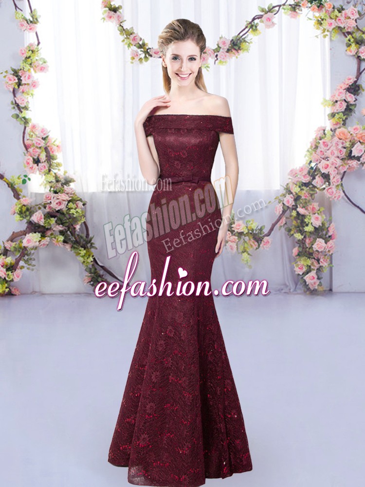  Burgundy Lace Up Wedding Party Dress Sleeveless Floor Length Lace