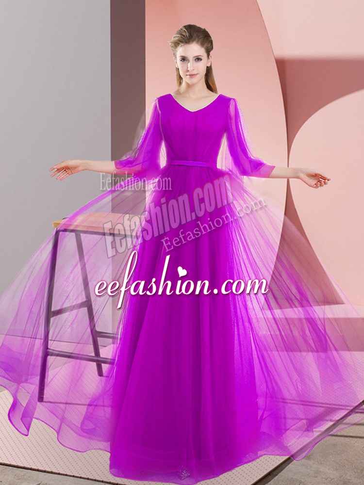  A-line Evening Dress Purple V-neck Tulle Long Sleeves Floor Length Lace Up