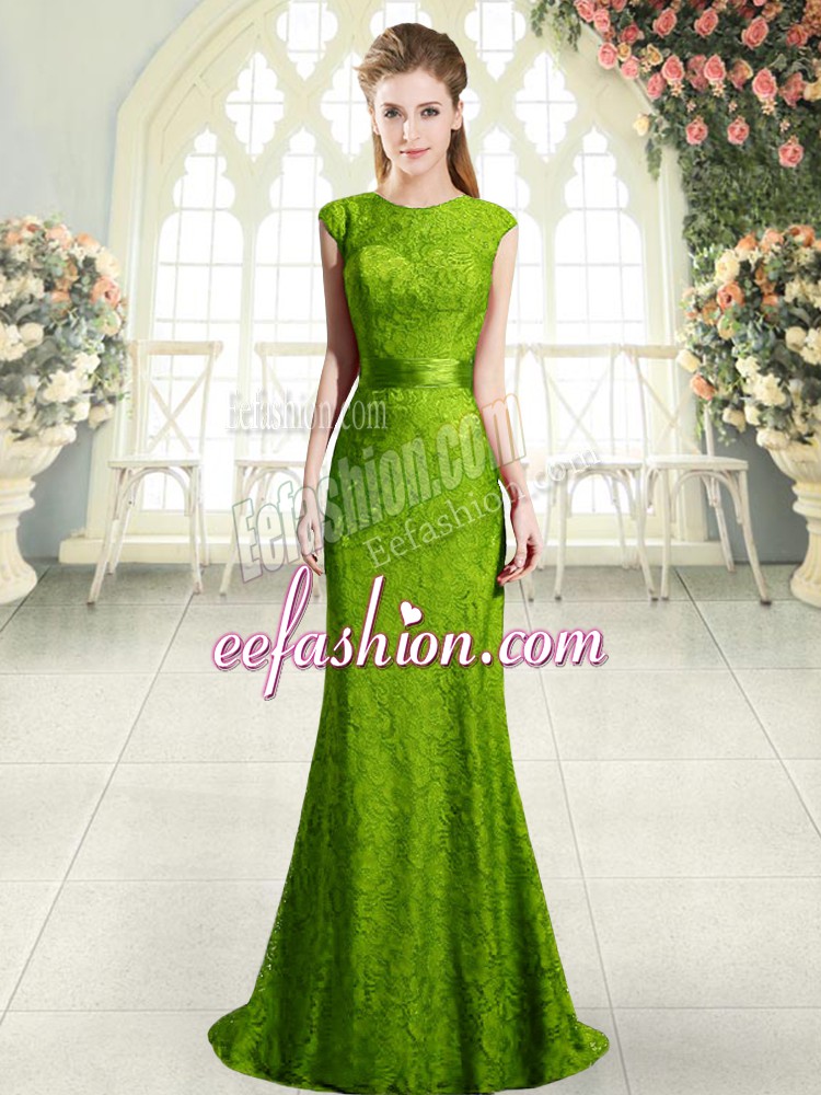 Fantastic Green Backless Scoop Beading and Lace Prom Dress Sleeveless Sweep Train