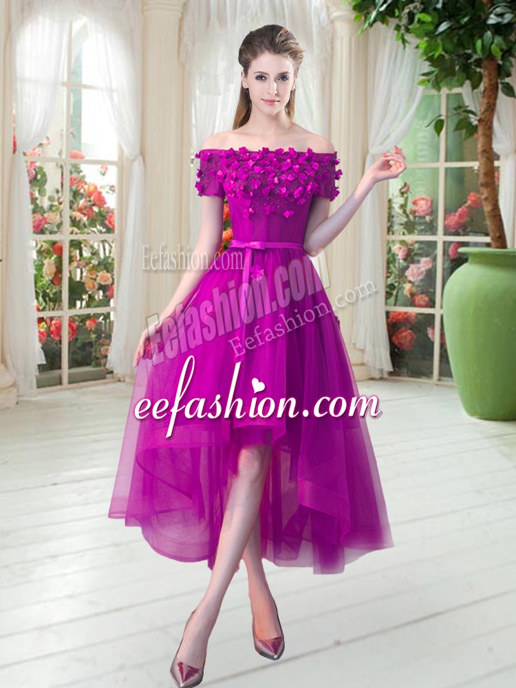 On Sale Fuchsia A-line Tulle Off The Shoulder Short Sleeves Appliques High Low Lace Up Prom Dresses