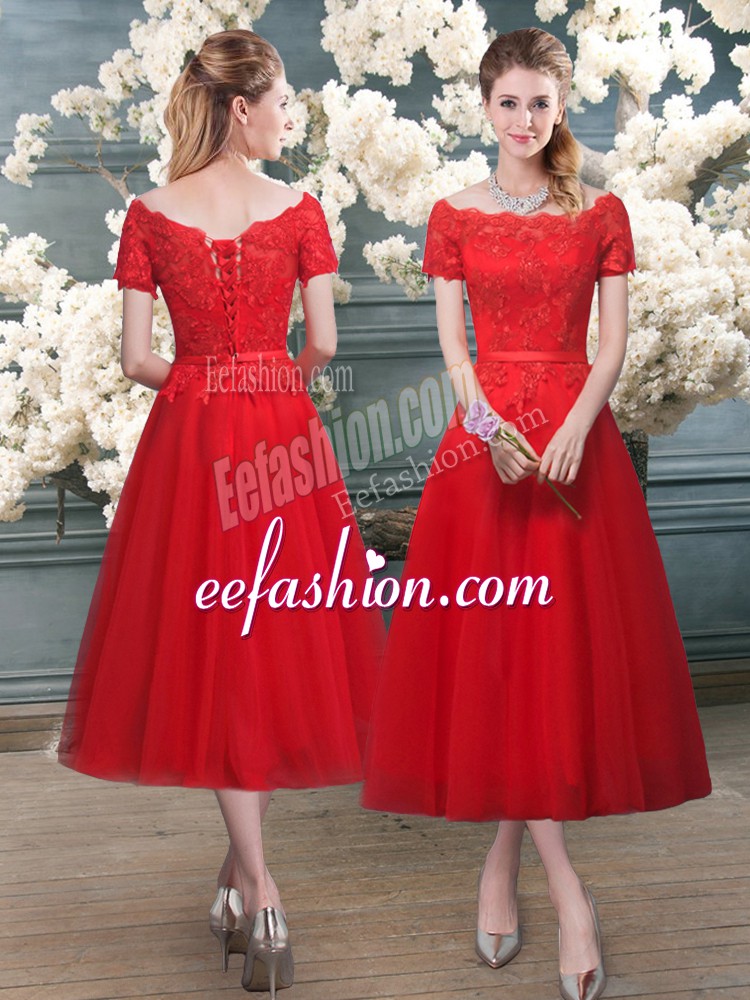 Charming Red Lace Up Homecoming Dress Lace Short Sleeves Tea Length