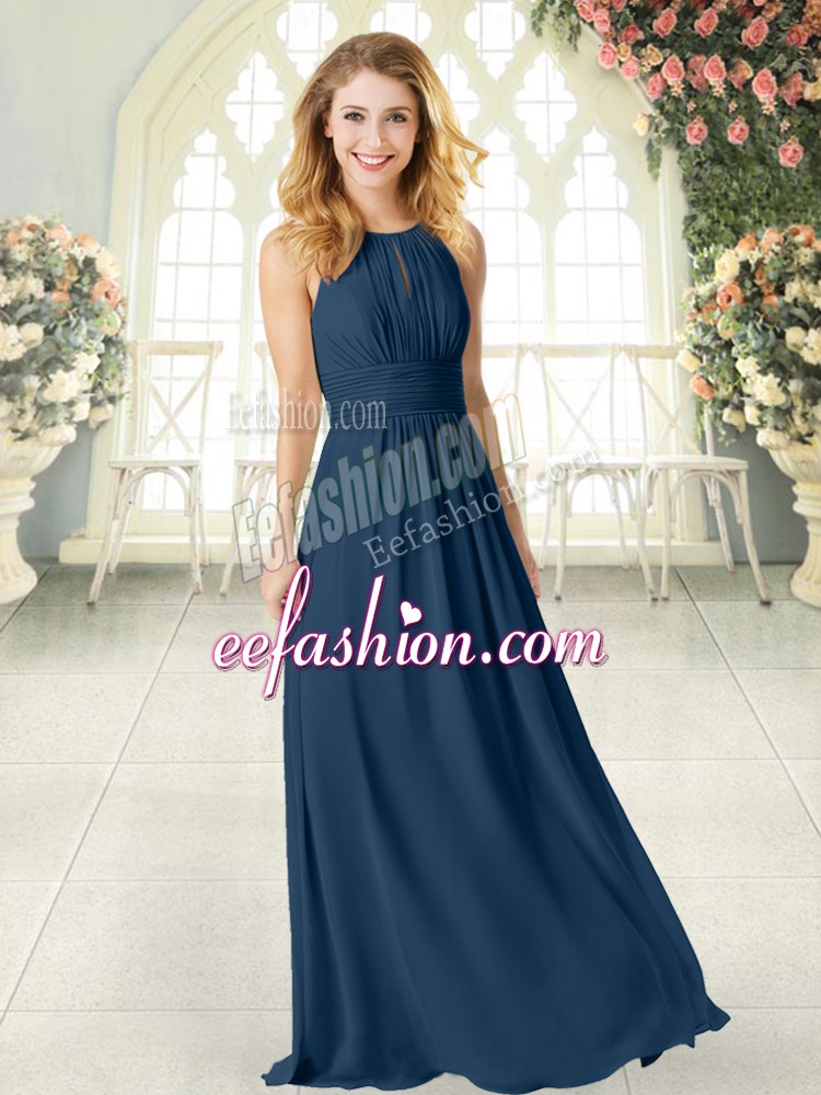 New Style Navy Blue Scoop Neckline Ruching Prom Party Dress Sleeveless Zipper