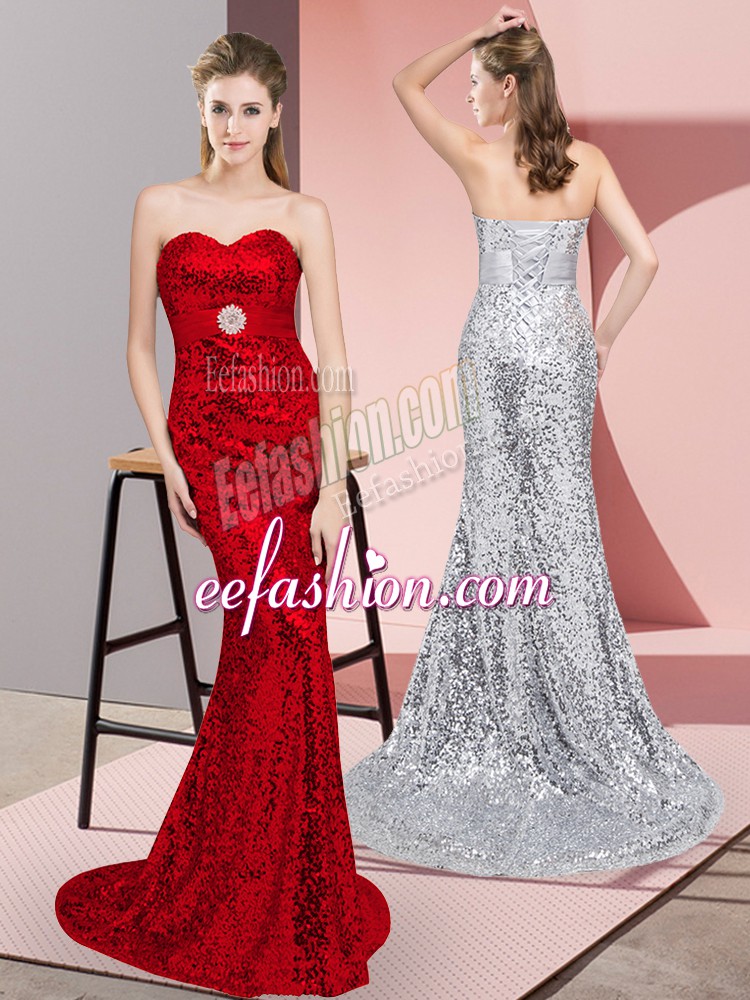 Fashionable Sequined Sweetheart Sleeveless Sweep Train Lace Up Belt Prom Dress in Red