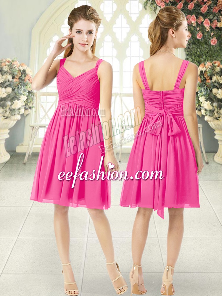Fashion Knee Length Zipper Prom Dress Hot Pink for Prom and Party with Ruching