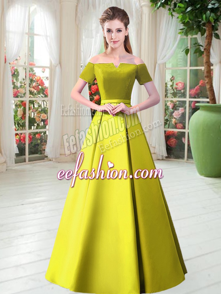  Yellow Green Prom Gown Prom and Party with Belt Off The Shoulder Short Sleeves Lace Up