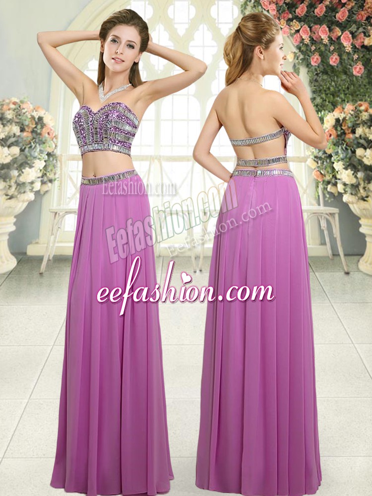 Low Price Lilac Two Pieces Chiffon Sweetheart Sleeveless Beading Floor Length Backless Juniors Evening Dress