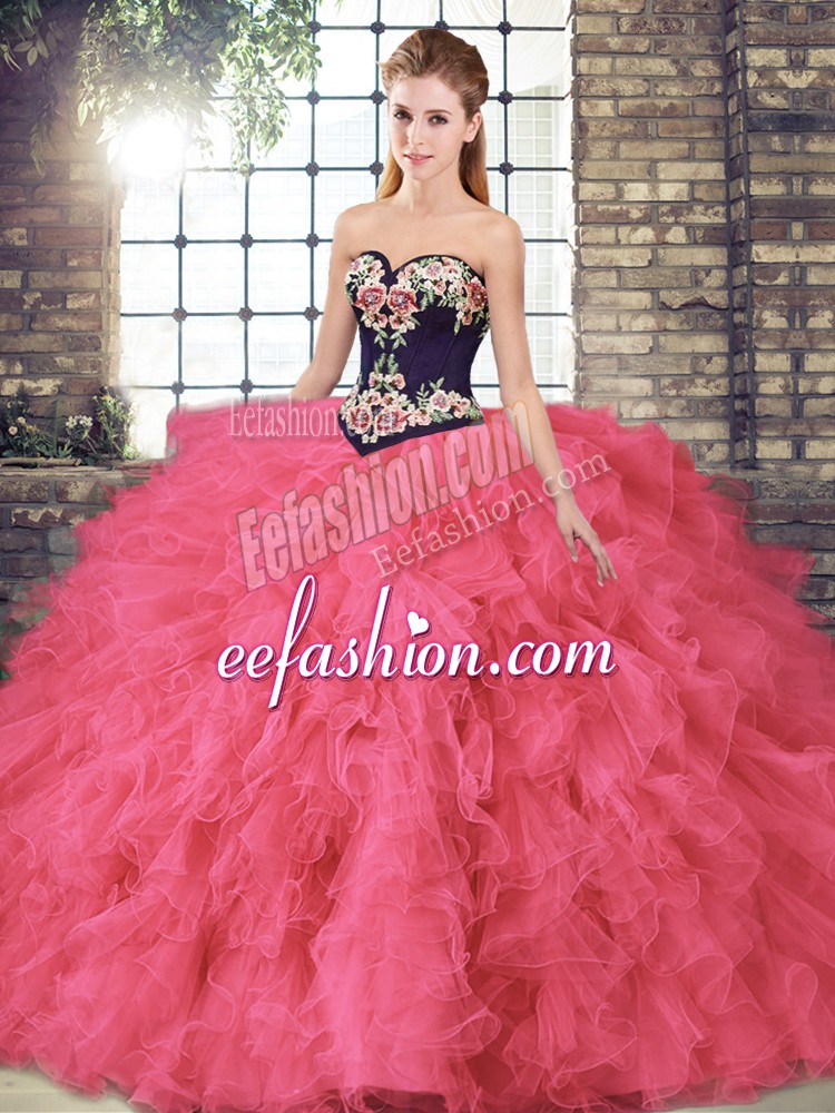Free and Easy Sleeveless Tulle Floor Length Lace Up Ball Gown Prom Dress in Hot Pink with Beading and Embroidery