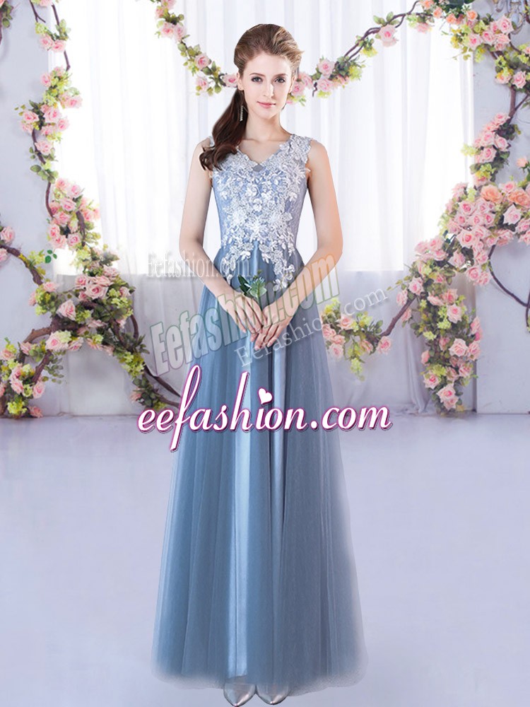  Blue Bridesmaid Gown Prom and Party and Wedding Party with Lace V-neck Sleeveless Lace Up