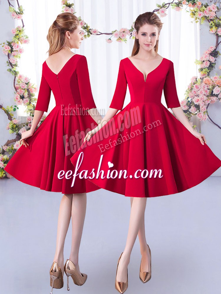  Knee Length Red Wedding Party Dress Satin Half Sleeves Ruching