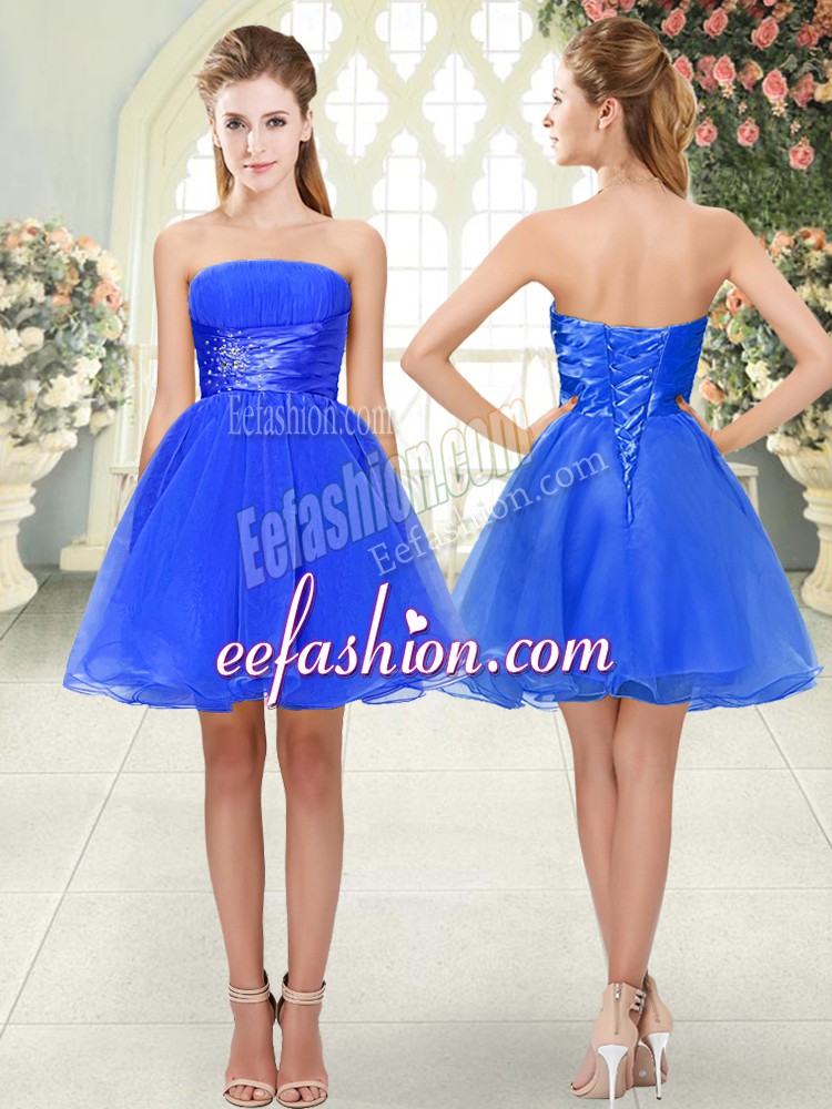 Attractive Blue Strapless Neckline Beading Prom Evening Gown Sleeveless Lace Up