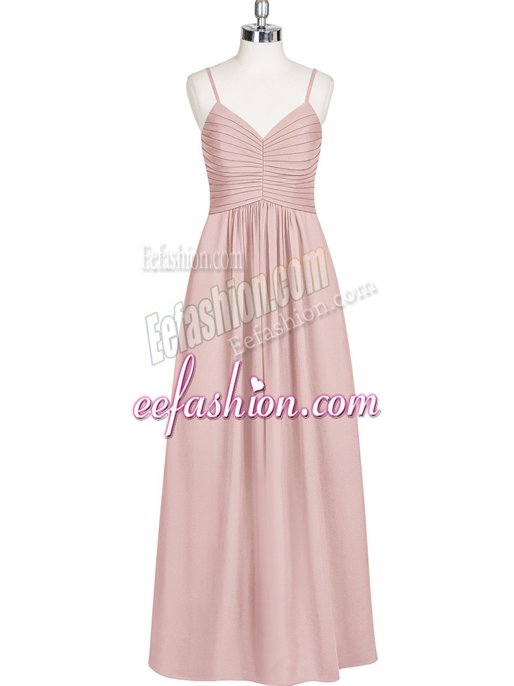 Free and Easy Baby Pink Chiffon Zipper Spaghetti Straps Sleeveless Floor Length Prom Party Dress Ruching
