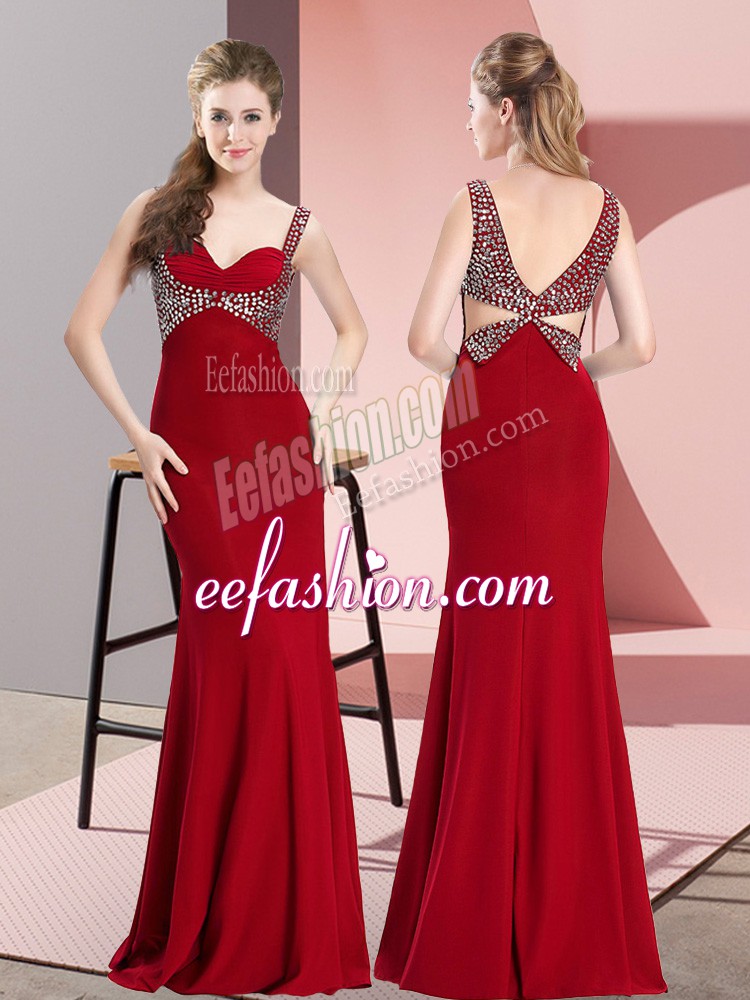  Mermaid Prom Dresses Red Straps Chiffon Sleeveless Floor Length Backless