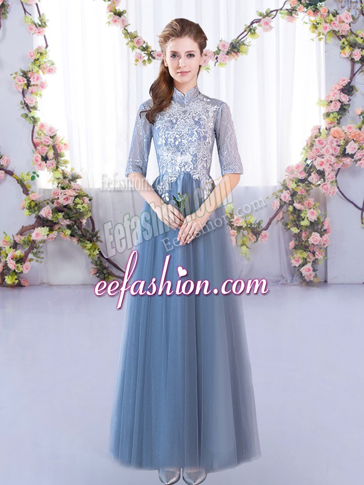 Graceful Half Sleeves Tulle Floor Length Lace Up Dama Dress in Blue with Lace