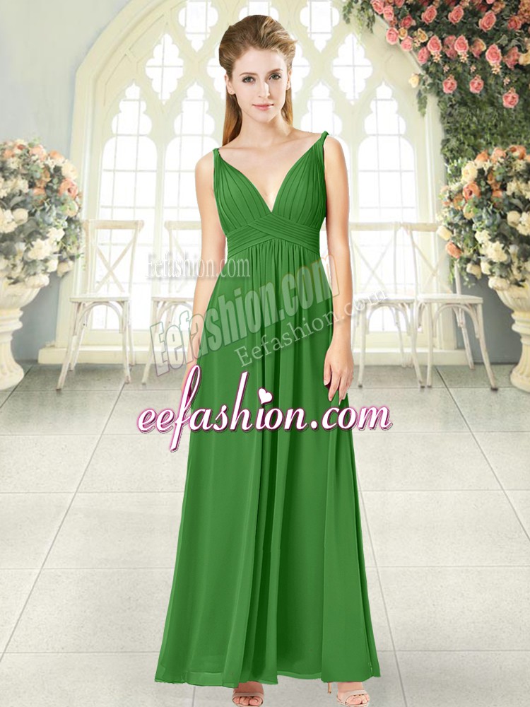  Green Chiffon Backless Prom Gown Sleeveless Ankle Length Ruching