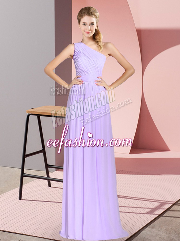  Floor Length Lavender Prom Party Dress Chiffon Sleeveless Ruching