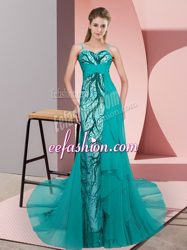  Teal Sleeveless Sweep Train Beading and Lace Prom Party Dress