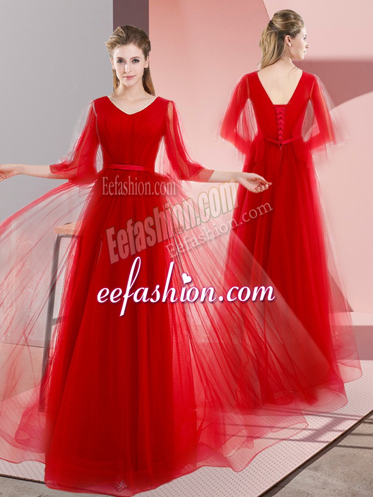  Red V-neck Lace Up Beading Prom Evening Gown Long Sleeves
