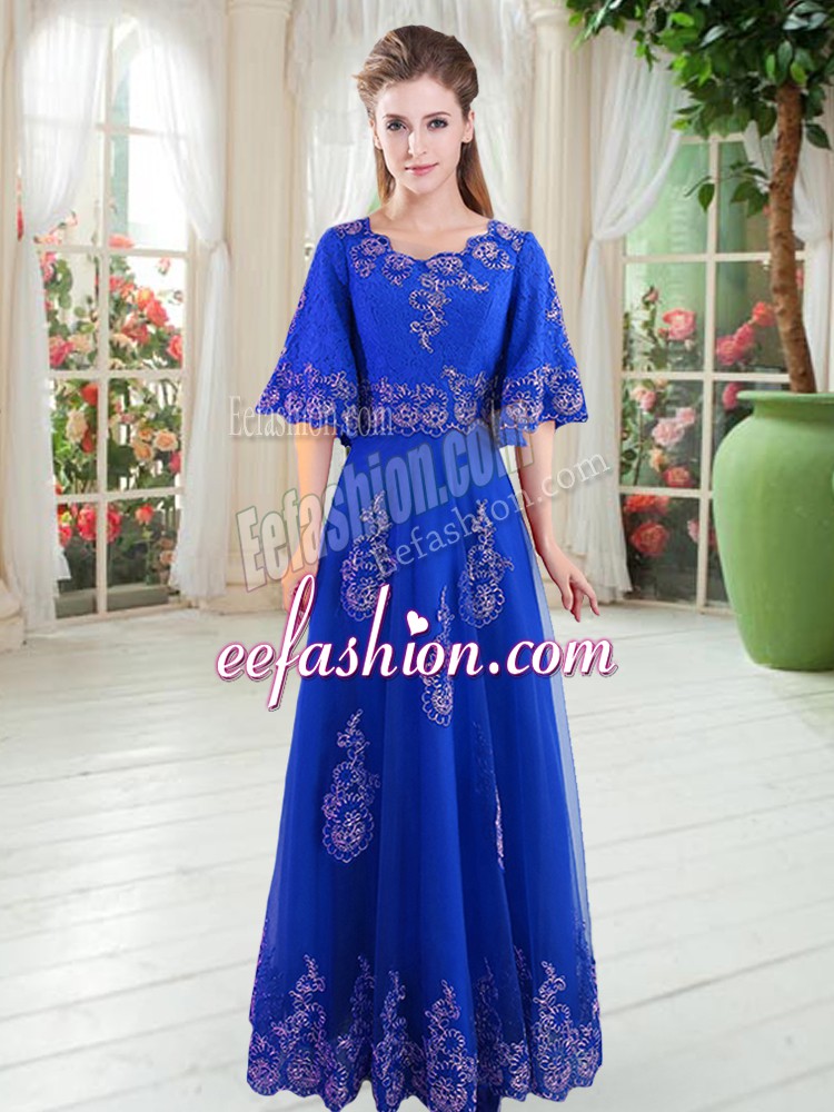  Floor Length Royal Blue Prom Dress Scoop Half Sleeves Lace Up