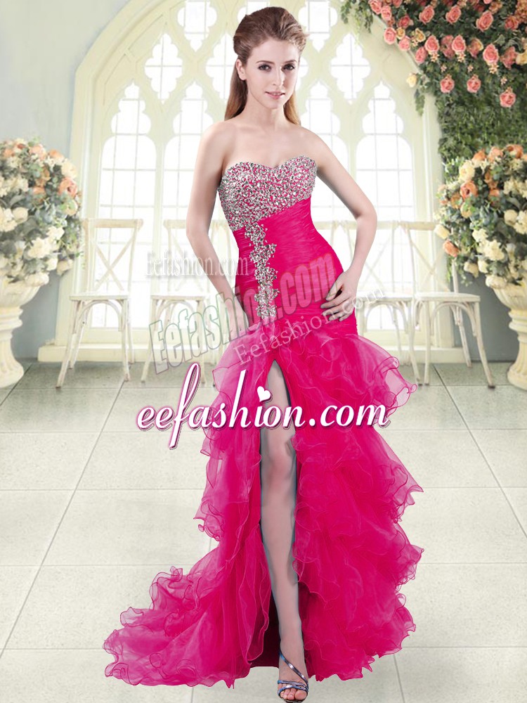 Romantic Fuchsia Prom Party Dress Organza Brush Train Sleeveless Beading and Ruffled Layers