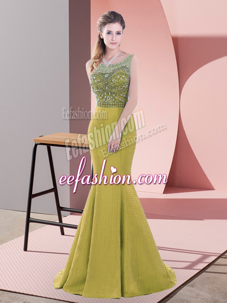  Olive Green Evening Dress Prom and Party with Beading and Lace Scoop Sleeveless Sweep Train Backless