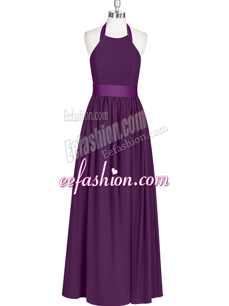 Fancy Halter Top Sleeveless Prom Party Dress Floor Length Ruching Eggplant Purple Chiffon