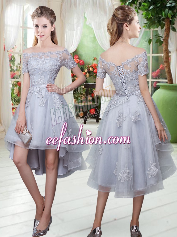  A-line Homecoming Dress Grey Off The Shoulder Tulle Short Sleeves High Low Lace Up