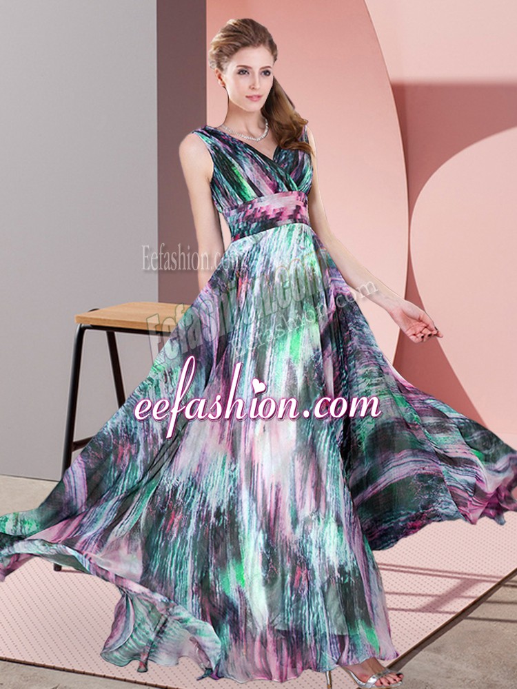 Cute Multi-color Empire V-neck Sleeveless Printed Floor Length Lace Up Pattern Prom Dresses