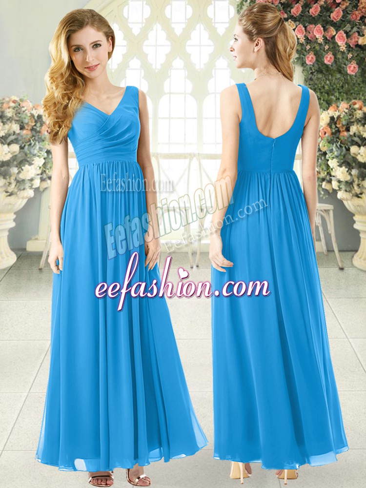  Blue Zipper Prom Party Dress Ruching Sleeveless Ankle Length