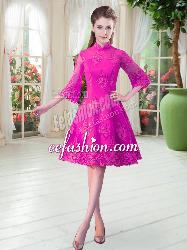 Designer Knee Length Zipper Dress for Prom Fuchsia for Prom and Party with Lace