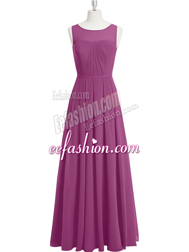  Scoop Sleeveless Prom Evening Gown Floor Length Ruching Purple Chiffon