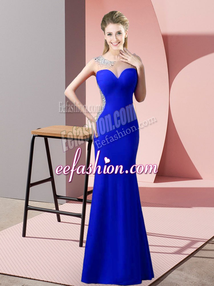 Fashion Royal Blue Satin Zipper Prom Evening Gown Sleeveless Floor Length Beading and Pick Ups