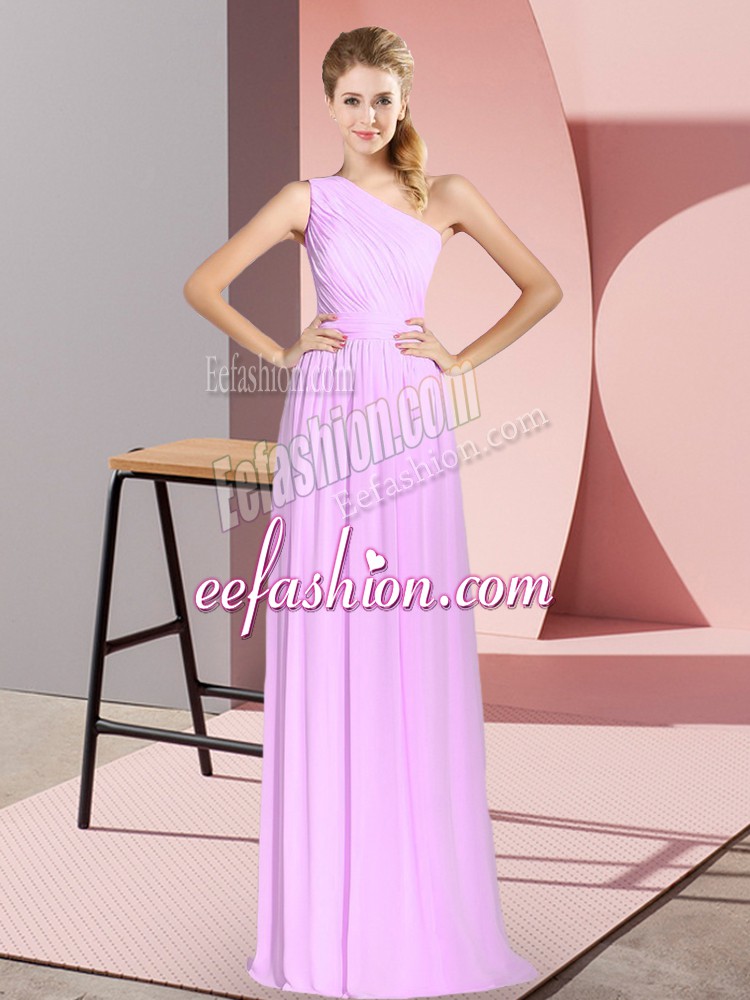 Superior Lilac Empire Ruching Evening Dress Lace Up Chiffon Sleeveless Floor Length