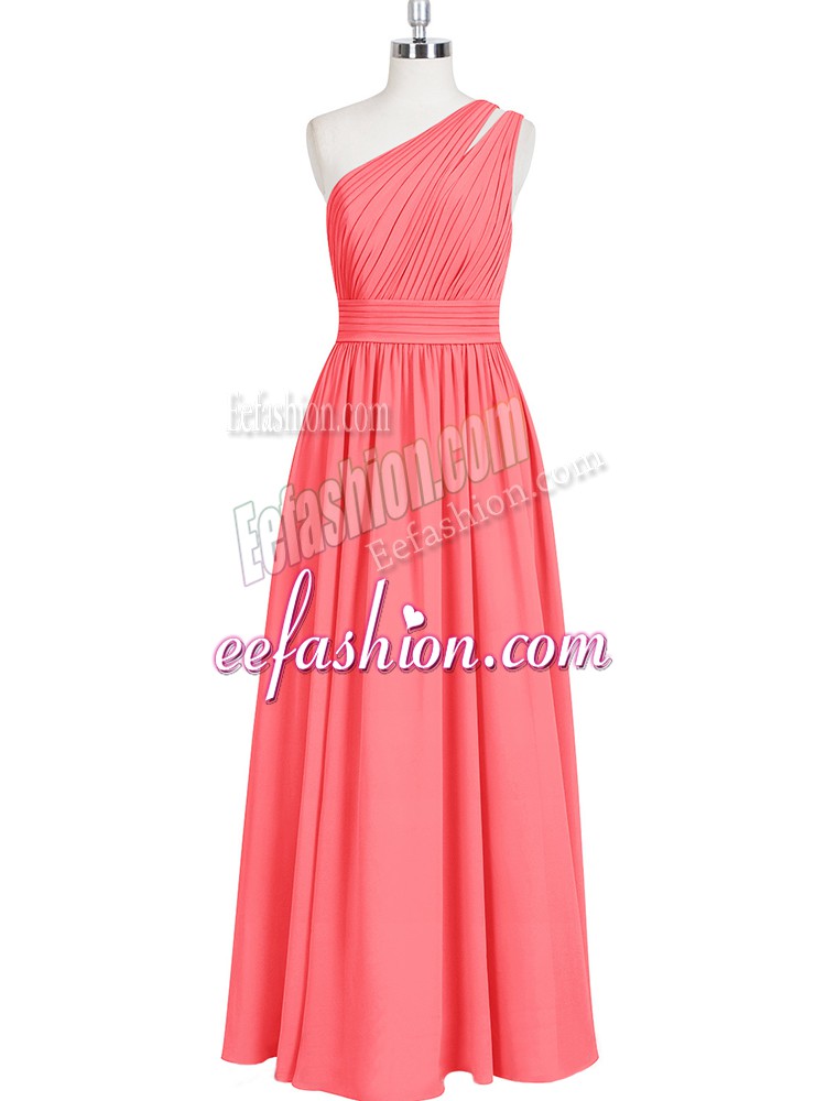  Red A-line Ruching Prom Dress Zipper Chiffon Sleeveless Floor Length