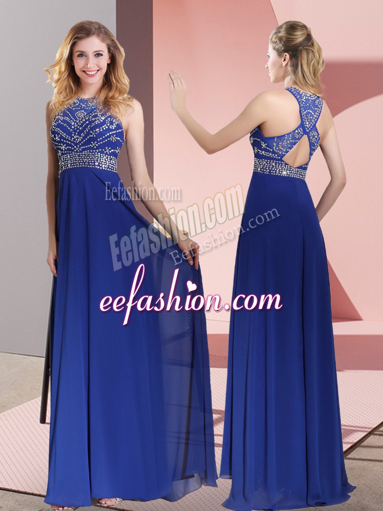 Exceptional Blue Sleeveless Satin Sweep Train Criss Cross Homecoming Dress for Prom and Party