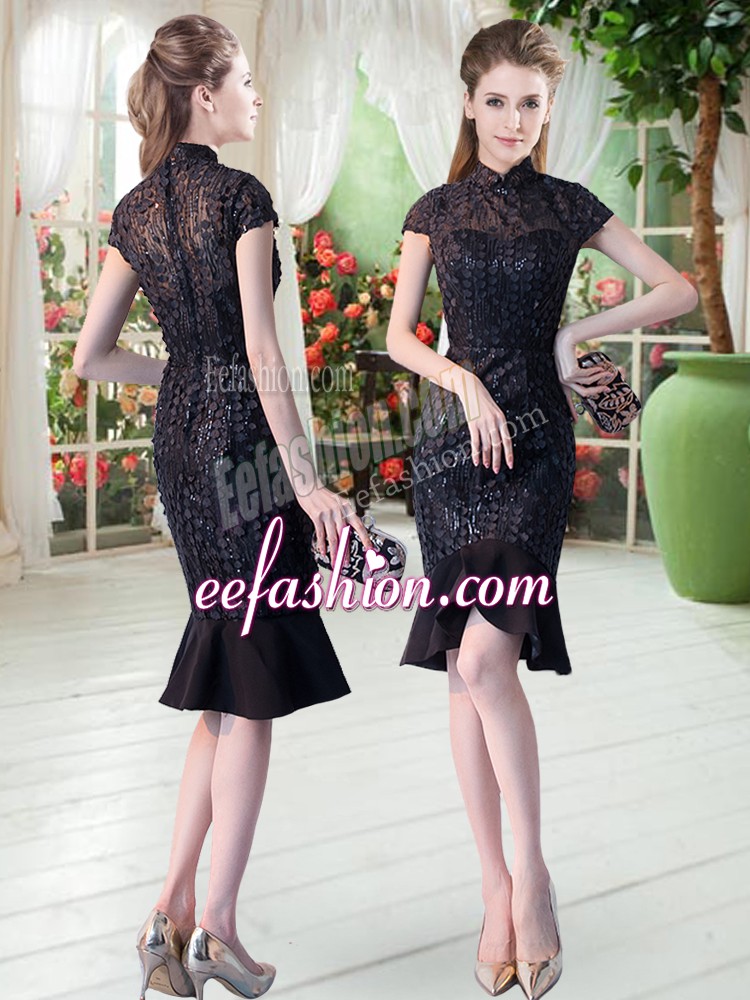 Delicate Short Sleeves Knee Length Zipper Prom Dresses in Black with Lace