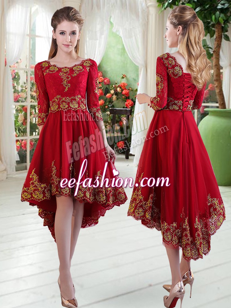 Romantic Wine Red A-line Satin Scoop Long Sleeves Embroidery High Low Lace Up Dress for Prom