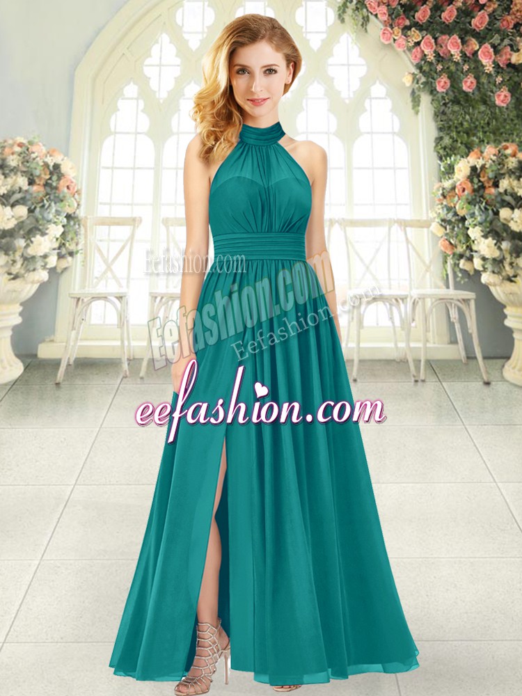 Ankle Length Teal Prom Gown Chiffon Sleeveless Ruching