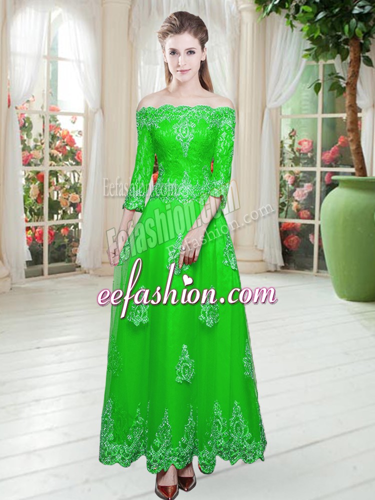  Green Off The Shoulder Lace Up Lace Homecoming Dress 3 4 Length Sleeve