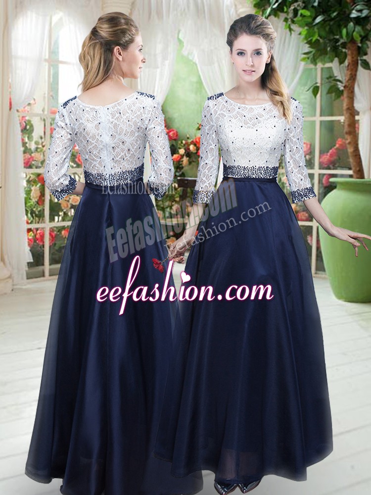  Navy Blue Scoop Neckline Beading and Lace Dress for Prom 3 4 Length Sleeve Zipper