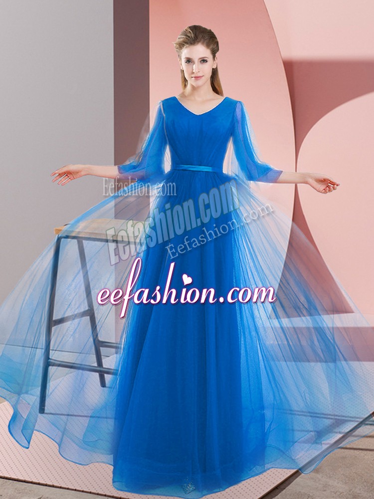  V-neck Long Sleeves Lace Up Prom Dress Blue Tulle