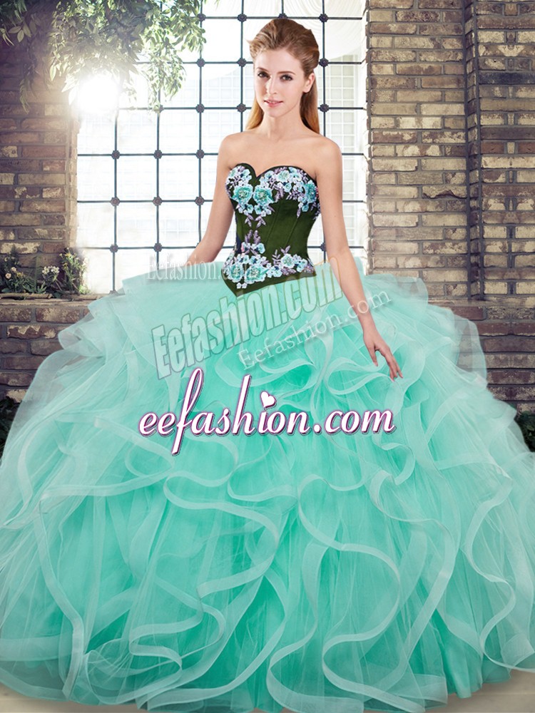 Eye-catching Aqua Blue Sweetheart Neckline Embroidery and Ruffles Ball Gown Prom Dress Sleeveless Lace Up